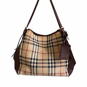 Burberry Vintage House Check Tote Bag Burgundy Leather